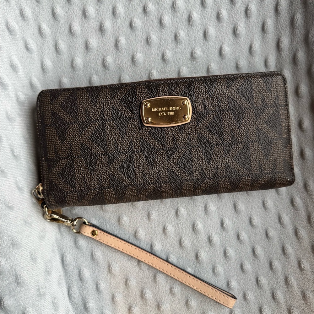 Michael Kors Brown and Tan Signature Zip Wristlet Wallet